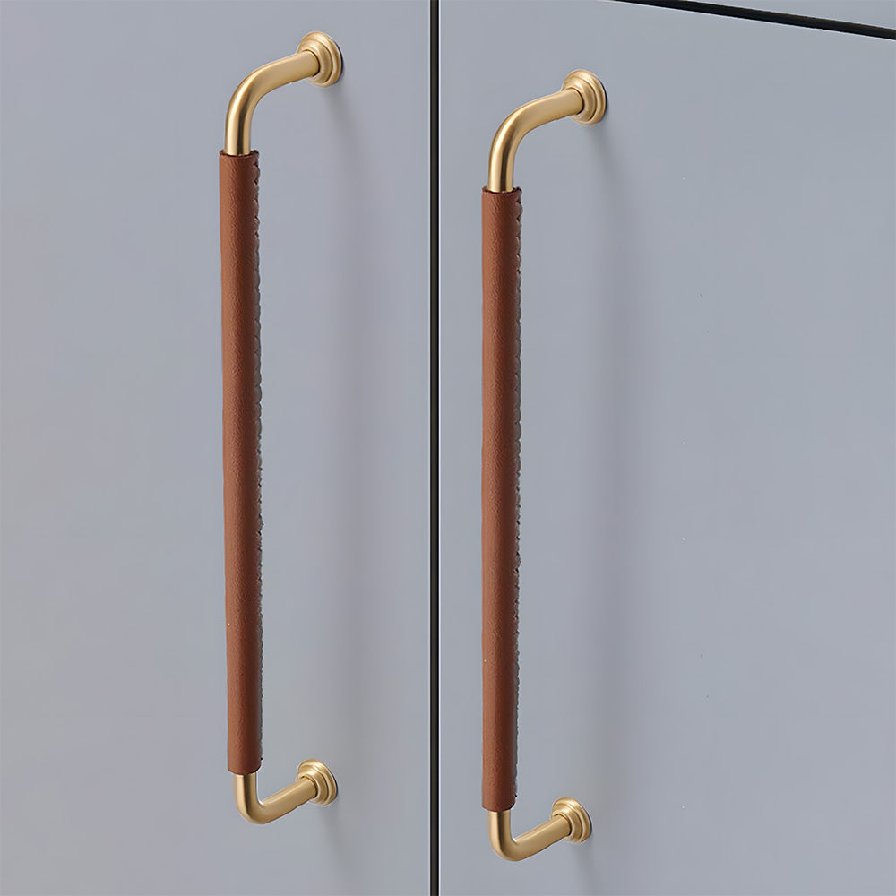 Braunes Rindsleder & Messing Satin Finish Schranktür Griff