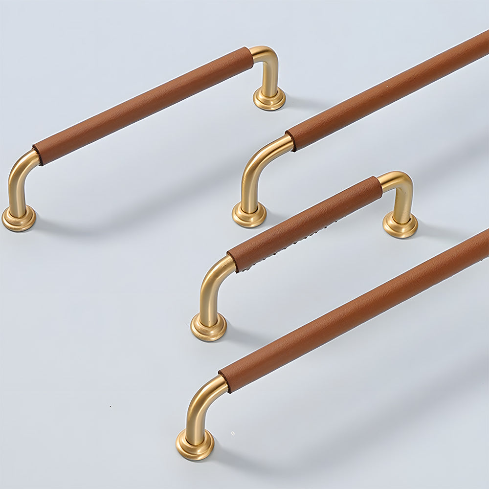 Braunes Rindsleder & Messing Satin Finish Schranktür Griff