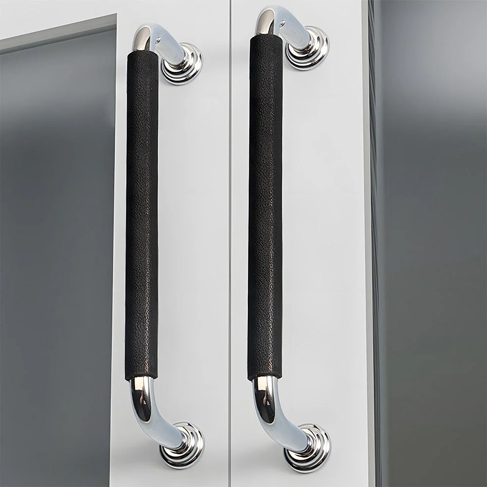 Schwarzes Leder & Messing Satin Finish Küche Schranktür Griff
